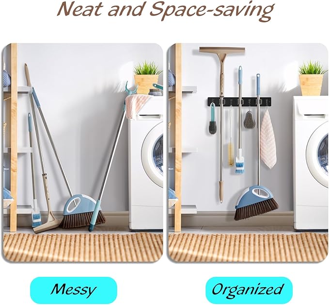 OUTNILI Black Mop Broom Holder Wall Mount with 3 Slots & 4 Hooks - Wood Broom Mop Hanger for Pantry Kitchen Organization - Garden Tool Organizer for Closet Laundry Room