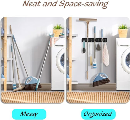 OUTNILI Black Mop Broom Holder Wall Mount with 3 Slots & 4 Hooks - Wood Broom Mop Hanger for Pantry Kitchen Organization - Garden Tool Organizer for Closet Laundry Room