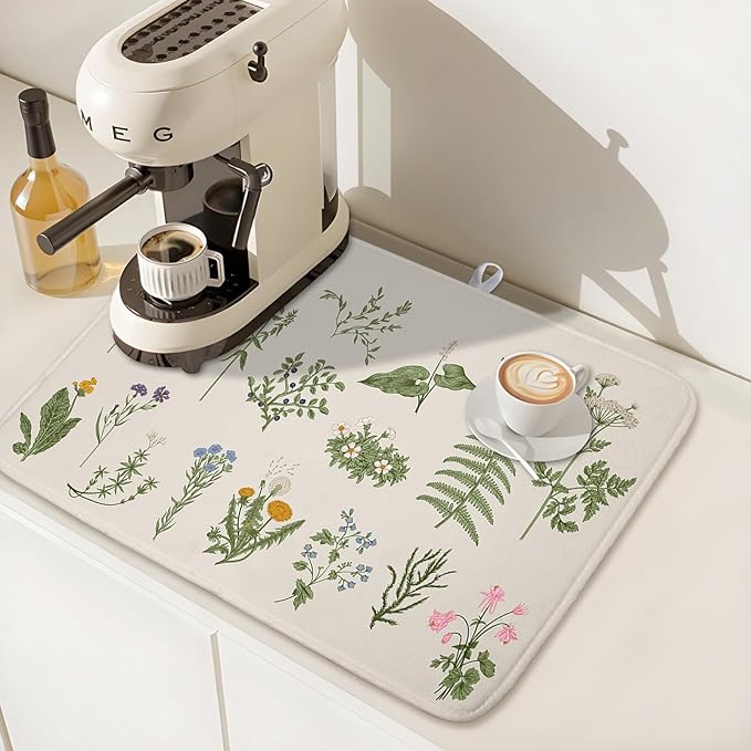 Kawani Sage Flower Herbs Dish Drying Mat For Kitchen Counter 16x18 In Green Leaves Microfiber Absorbent Dishes Pad Wild Plant Herbs Drying Pad Dish Drainer Rack Absorbent Fast Dry Kitchen Accessories