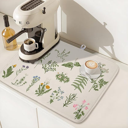 Kawani Sage Flower Herbs Dish Drying Mat For Kitchen Counter 16x18 In Green Leaves Microfiber Absorbent Dishes Pad Wild Plant Herbs Drying Pad Dish Drainer Rack Absorbent Fast Dry Kitchen Accessories