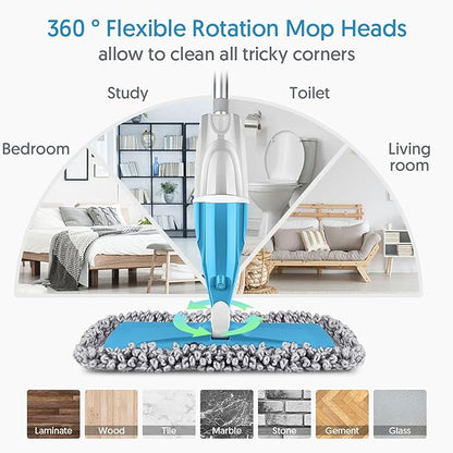 Spray Wet Mops for Floors Cleaning - EXEGO Floor Flat Mops Refillable with 3 Washable Pads for Swiffer Powermop - Commercial Dust Dry Mop for Hardwood Laminate Ceramic Tile Wood Vinyl