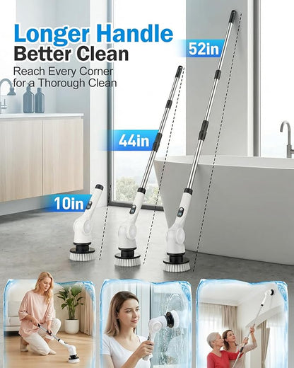 Electric Spin Scrubber, 3-Speed Cordless Shower Scrubber with 90° Adjustable & 10 Replaceable Brush Heads, 90 Mins Runtime & Full-Body IPX7 Waterproof Shower Cleaner Brush with Long Handle