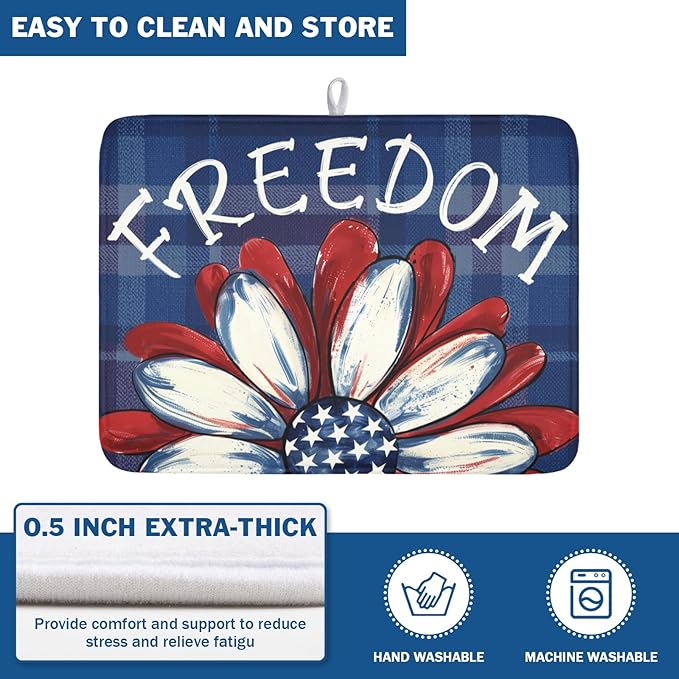 4th of July Dish Drying Mat 24x18 Inch, Patriotic Drying Mat with Absorbent Reversible Microfiber, Independence Day Dish Drainer Mats Memorial Day Rack Pad for Coffee Countertop Kitchen Protector