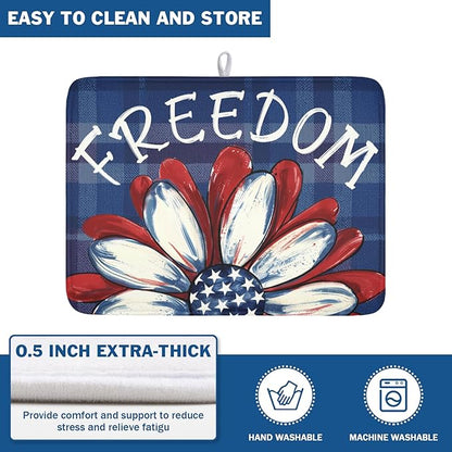 4th of July Dish Drying Mat 24x18 Inch, Patriotic Drying Mat with Absorbent Reversible Microfiber, Independence Day Dish Drainer Mats Memorial Day Rack Pad for Coffee Countertop Kitchen Protector