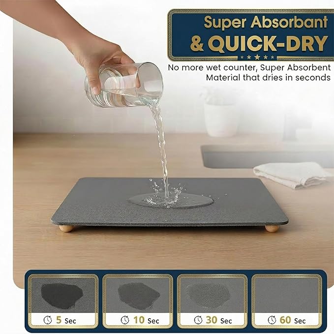 Stone Drying Mat for Kitchen Counter with Bamboo Rack&5 Wooden Feet ,20"×16" Natural Diatomaceous Earth Dish Drying Stone , Fast Absorbing, Minimalist Design for Modern Kitchens