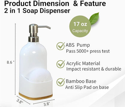 Kitchen Soap Dispenser with Sponge Holder, Refillable Acrylic Dish Soap Dispenser 17oz for Kitchen Sink and Bathroom, Anti Slip, Countertop Home Decor (White)