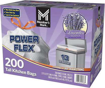 Member's Mark Power Flex Tall Kitchen Drawstring Trash Bags (13 Gallon, 2 Rolls of 100 ct., 200 count total)