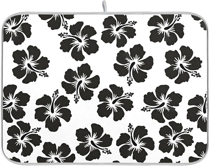Tropical Hawaiian Hibiscus Flowers Dish Drying Mat for Kitchen Counter Absorbent Microfiber Drying Pad, Medium 16x18 in
