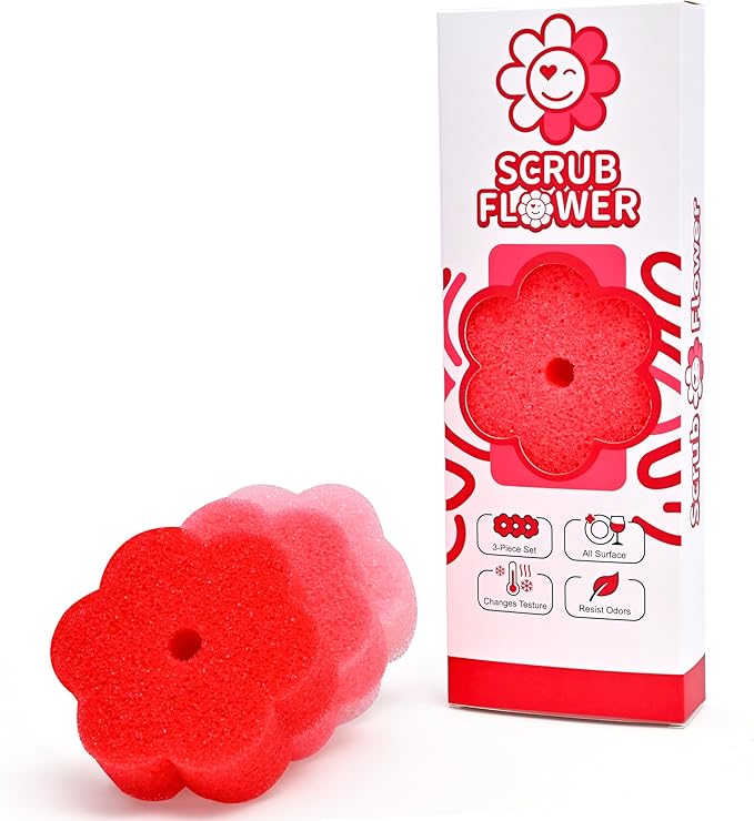 Scrub Flower Temperature Sensitive Sponges -Non-Scratch Scrubbers for Kitchen & Home - Firm in Cold & Soft in Warm Water - Odor Resistant Color-Coded Dish Sponges (Wild Poppy, 3 Count)