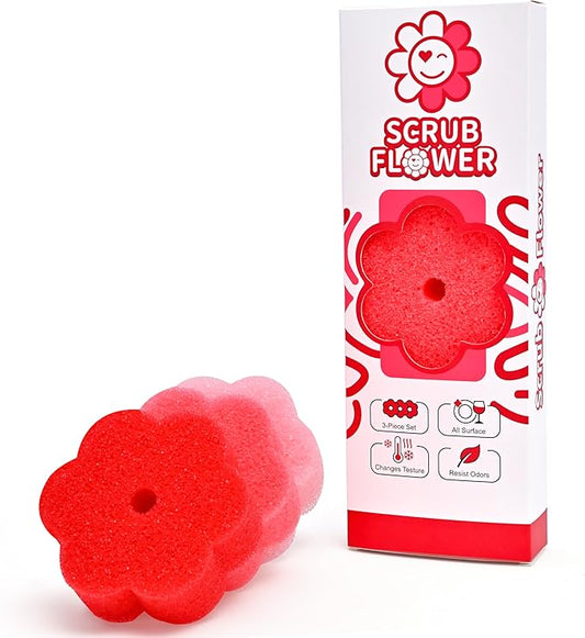 Scrub Flower Temperature Sensitive Sponges -Non-Scratch Scrubbers for Kitchen & Home - Firm in Cold & Soft in Warm Water - Odor Resistant Color-Coded Dish Sponges (Wild Poppy, 3 Count)