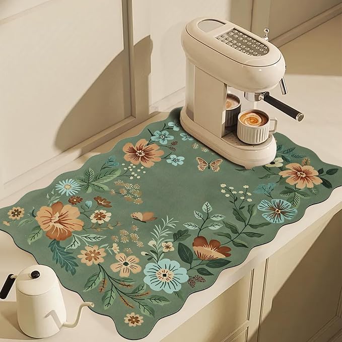 Scalloped Bohemian Boho Floral Flower Coffee Bar Mat Dish Drying Mats for Kitchen Counter, Kitchen Decor, (16"x24", Green 1)