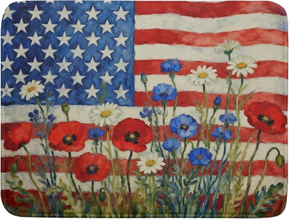 Patriotic American Flag Dish Drying Mat for Kitchen Counter 18x24 4th of July Red Blue White Floral Rustic Absorbent Reversible Microfiber Drying Mats Kitchen Countertop Protector Dishes Drainer Pad