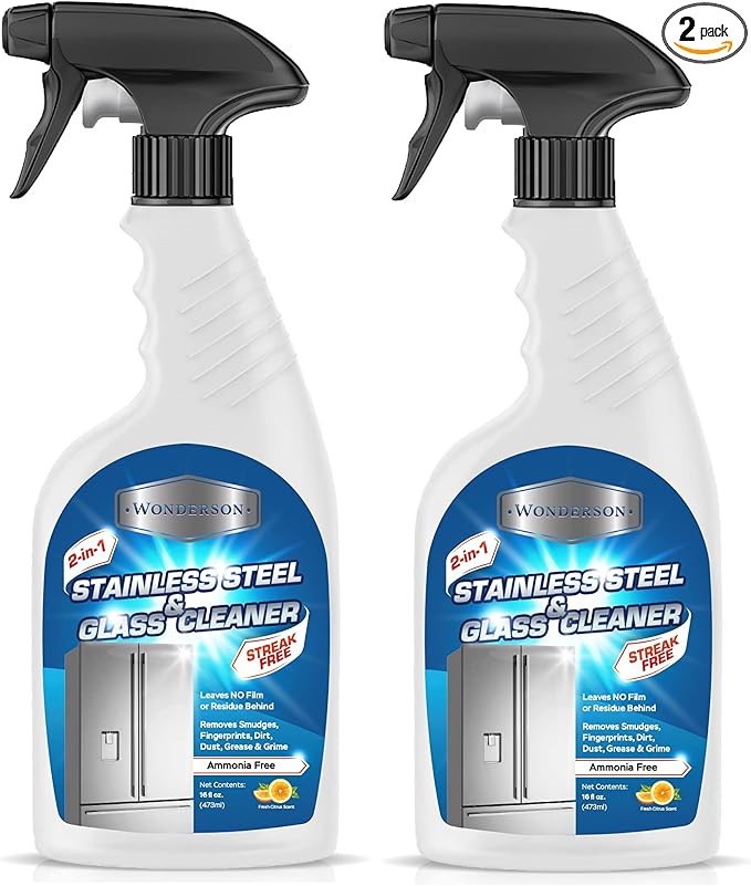 Wonderson 2-In-1 Stainless Steel & Glass Cleaner 16 Ounces - For Use On Appliances, Countertops, Sinks, Stovetops, Dishwashers, Windows, Bathrooms, Cars, & More! (2 Pack)