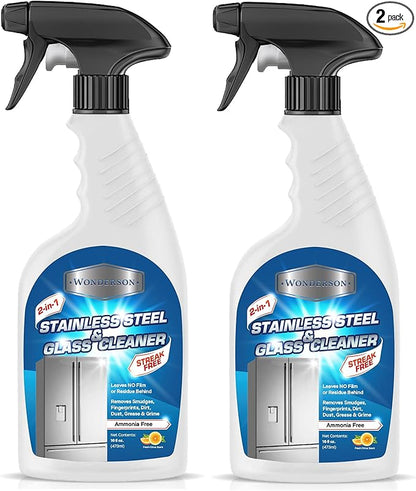 Wonderson 2-In-1 Stainless Steel & Glass Cleaner 16 Ounces - For Use On Appliances, Countertops, Sinks, Stovetops, Dishwashers, Windows, Bathrooms, Cars, & More! (2 Pack)