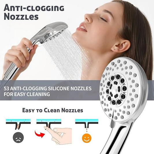 High Pressure Shower Head with Powerful Shower Spray & 59'' Stainless Steel Hose, 5 Spray Modes, Adjustable Bracket and Non-Clogging Nozzles（Black）