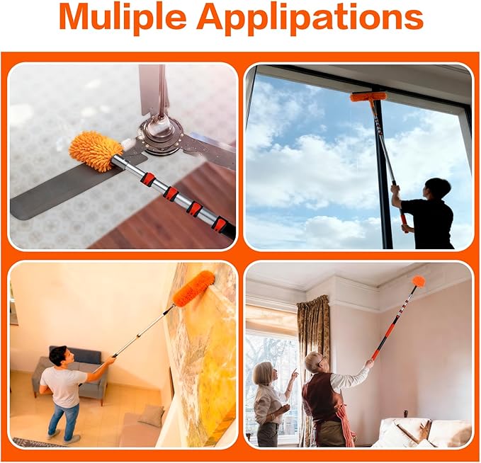 20FT High Reach Duster Cleaning Kit with 5-13 FTExtension Pole, High Ceiling Fan Cleaner Duster Tool for Fan Blades, Extendable Reusable Cobweb, Feather, Window Cleaning Squeegee Kit (12FT)