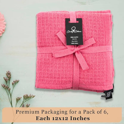 Kitchen Cleaning Dish Wash Cloths Waffle Terry Design Kitchen DishCloths|Washable 12x12 Cotton Dish Rags for Drying Dishes|Counter Top Barista Dust Wipes|Spring Easter Basket Decor| 6 Pc Set- Pink