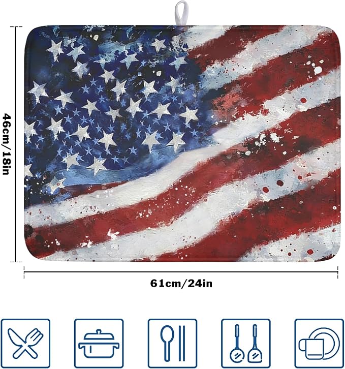 4th of July Dish Drying Mat 24x18 Inch, Patriotic Drying Mat with Absorbent Reversible Microfiber, Independence Day Dish Drainer Mats Memorial Day Rack Pad for Coffee Countertop Kitchen Protector