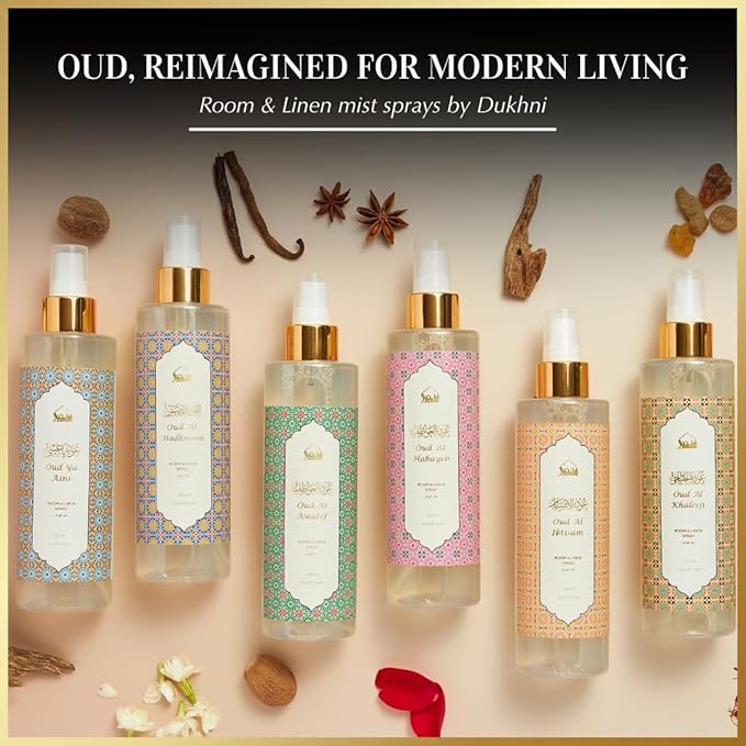 Oud al Khaleeji Arabic Room Spray by Dukhni | 250ml Oud fragrance Air Freshener, Attar al Faraash for home & prayer mats | Bed linen, Sofa Mist, natural home scent, curtain spray, odour eliminator