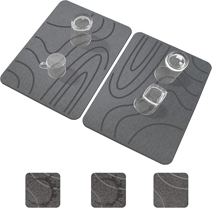 Stone Drying Mat for Kitchen Counter,2 Pack 16''x12'' Quick Dish Drying Stone Mat Kitchen,Double-sided Diatomaceous Earth Stone Drying Mat,No Moisture Residue, Stone Dish Drying Mat (Curved Stripes)