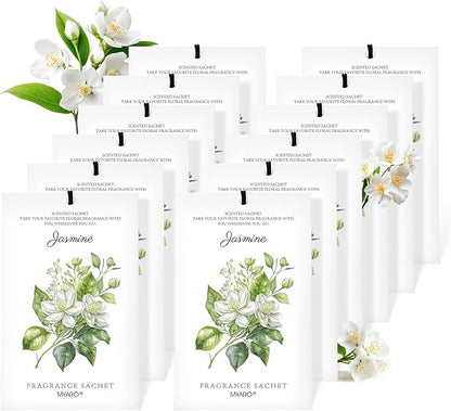 MYARO 12 Pack Jasmine Scented Sachets for Drawer, Closet & Small Spaces Air Freshener Bags, Odor Eliminator for Car, Shoes, Bathroom Home Fragrance Gift Set