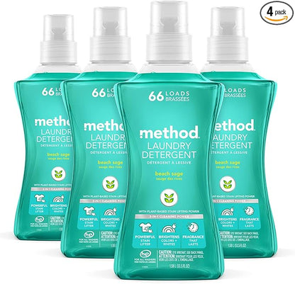Method Liquid Laundry Detergent; Beach Sage Scent, Stain Remover; ; 66 Loads per 53.5 fl oz bottle; 4 Pack (264 Total Loads); Packaging May Vary