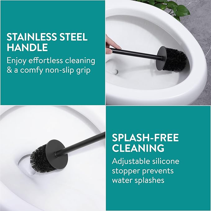 Navaris Toilet Brush and Holder Set, Blue - Toilet Brushes & Holders - Soft Touch & Rubber Coated Loo Brush with Stainless Steel Handle - Adjustable Silicone Water Stopper