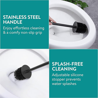 Navaris Toilet Brush and Holder Set, Blue - Toilet Brushes & Holders - Soft Touch & Rubber Coated Loo Brush with Stainless Steel Handle - Adjustable Silicone Water Stopper