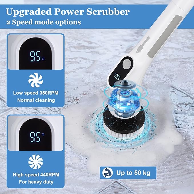 Fixm Cordless Electric Spin Scrubber, Powerful 2-Speed Shower & Bathroom Cleaner with LED Display, Adjustable Handle & 11 Brush Heads, Lightweight, Rechargeable & Perfect for Tough Grime