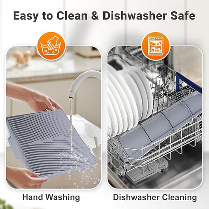 Silicone Dish Drying Mat for Kitchen Counter, Non-Slip Drain Pad, Dish Drying Pad, Easy to Clean Dish Rack Pad, Multi-Use as Heat Resistant Trivet, 19.7" x 17" , Grey