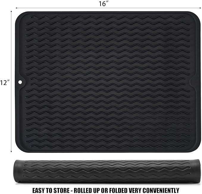 Silicone Dish Drying Mat, Non-Slip Easy Clean Sink Mat Large Heat-resistant Dish Drainer Mat for Kitchen Counter, Sink, Refrigerator or Drawer liner (16" x 12", BLACK)