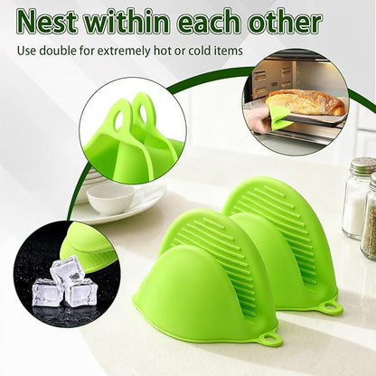2PCS Silicone Oven Mitts - Heat Resistant Thick Potholders for Kitchen - Non-Slip Rubber Oven Glove Kitchen Mittens - Cute Pot Holders for Grill, Pizza Stone, Air Fryer, Dishwasher Safe Green
