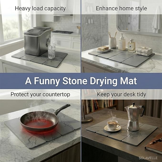 Large 4-Panel Stone Drying Mat for Kitchen Counter, 24"×16" , Foldable Diatomaceous Earth Dish Drying Mat, Quick-Dry ,Premium PU Leather Backing, Non-Slip, Kitchen Essentials
