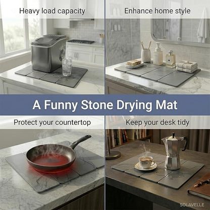 Large 4-Panel Stone Drying Mat for Kitchen Counter, 24"×16" , Foldable Diatomaceous Earth Dish Drying Mat, Quick-Dry ,Premium PU Leather Backing, Non-Slip, Kitchen Essentials