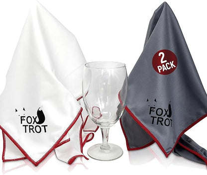 Fox Trot Large Microfiber Polishing Cloths (2 Pack White | Gray) | Streak Free, Lint Free Shine and Clarity for Wine Glasses, Stemware and More