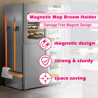 4 Pack Magnetic Mop Broom Holder, Heavy Duty Magnetic Mop Hanger for Refrigerators, Magnetic Mount Mop Broom Holder for Laundry Room Garage Kitchen Workshops Metal Shed