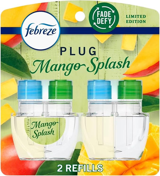 Febrezee Plug In Refills New Edition Plug In for Odor-Fighting Fade Defy PLUG Air Freshener, (2) Count of 0.87 fl oz Refills (Mango Splash)