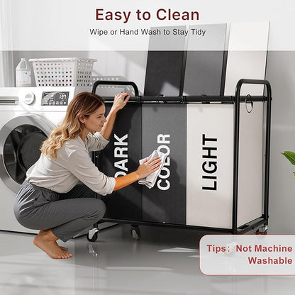 3-Compartment Laundry Cart with Lockable Wheels & Lid 180L Large Wheeled Laundry Basket Heavy-Duty Sorting Organizer for Laundry Room (Multicolor)