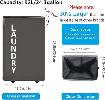 92L Extra Large Laundry Hamper with Leather Handle,Standable Laundry Basket with Wheels Laundry Hamper on Wheels,Large Hamper,Rolling Laundry Basket Grey