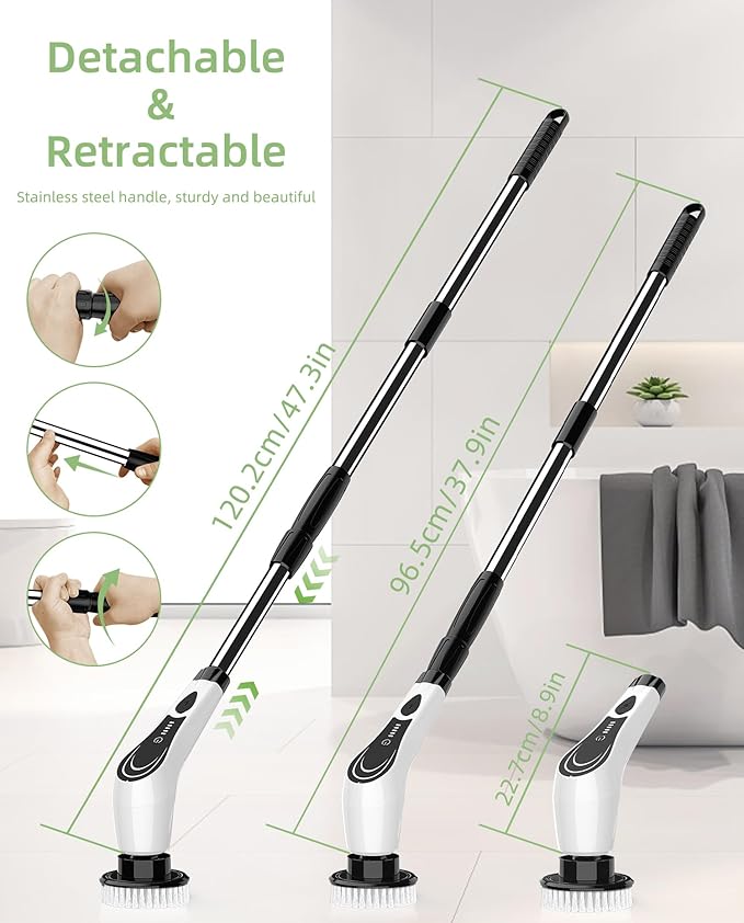 Electric Spin Scrubber, Cordless Power Scrubber with Replaceable Brush Heads, 2-Speed Adjustable Handle Floor Machine Pads, IPX7 Waterproof Shower Scrubber for Bathroom, Tile, Tub, Teens, White-qe1