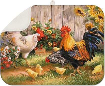Dish Drying Mat Drainer Pads - Extra Large Microfiber Drying Mats for Dishes Kitchen Counter Super Absorbent Pads for Draining Racks (Rooster,18"x24" )