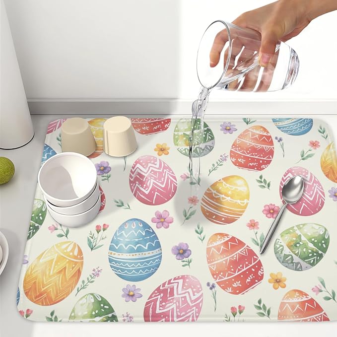 Easter Dish Drying Mat for Kitchen Counter Colorful Easter Eggs Floral Pattern Drying Mat 18x24 Inch Spring Holiday Absorbent Dish Drainer Mat Kitchen Accessories