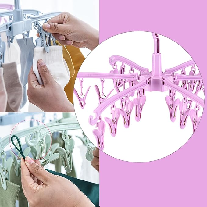 Foldable Drying Rack with 24 Clips for Drying Socks Lingerie Baby Clothes Drying Towels Rotatable Sock Drying Rack 2 PCS (Pink)