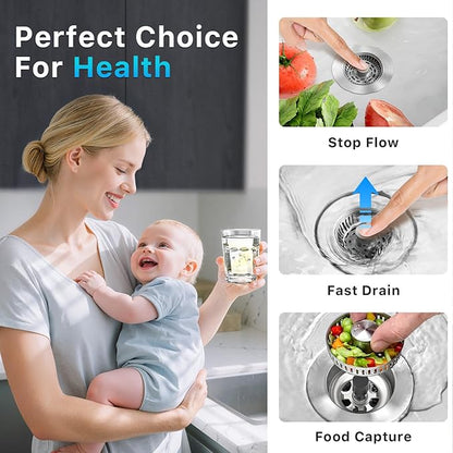 1S-Install Upgraded Kitchen Sink Strainer & Stopper – Pop-Up Fast Drain, Anti-Clog Basket & Deodorizing Cover – Fits US Standard 3.5 in Drain, 3 in 1 Stainless Steel Sink Drain Strainer