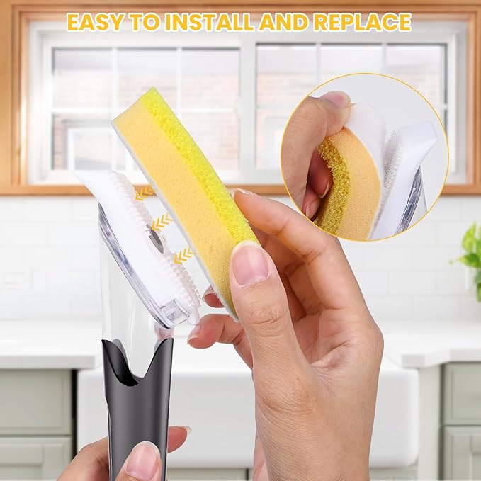 Soap Dispensing Replacement Dish Brush Storage Set with 10 PCS Sponge Refills & Holder - RIMAY Dispenser Scrub Cleaning Scrubber Kitchen Dishwashing Dish Wand Handle for Dishes/Pans/Pots/Sink(Yellow)