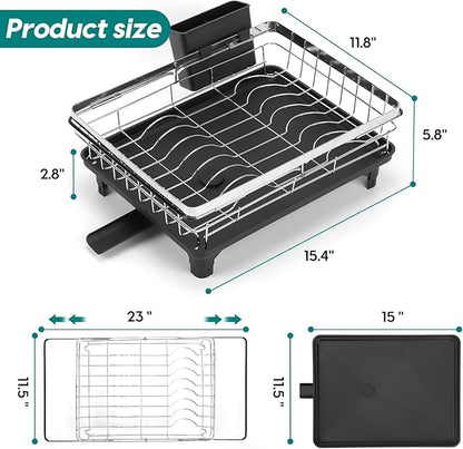 MERRYBOX Stainless Steel Dish Drying Rack, Expandable Dish Drainers for Kitchen Sink, Non-Slip & Durable - Sink Dish Rack with Large Cutlery Holder (Adjustable 15.4" to 23" cm)