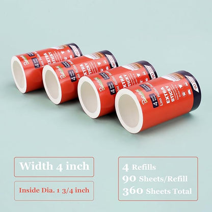 4 inch Lint Roller Refills Only for Scotch Brite, Everyday Clean Lint Roller Refills 4 Pack, Pet Hair Pickup Extra Sticky 90 Sheets per Refill, 360 Adhesive Sheets Total (1 3/4 inch Inside Diameter)