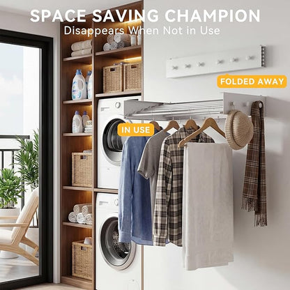 Collapsible Laundry Drying Rack Wall Mounted - 34.65 Inch Metal Clothing Drying Rack with 6+6 Hooks, Retractable Foldable Dryer Racks for Laundry Drying Indoor, Heavy Duty Towel & Coat Hanger