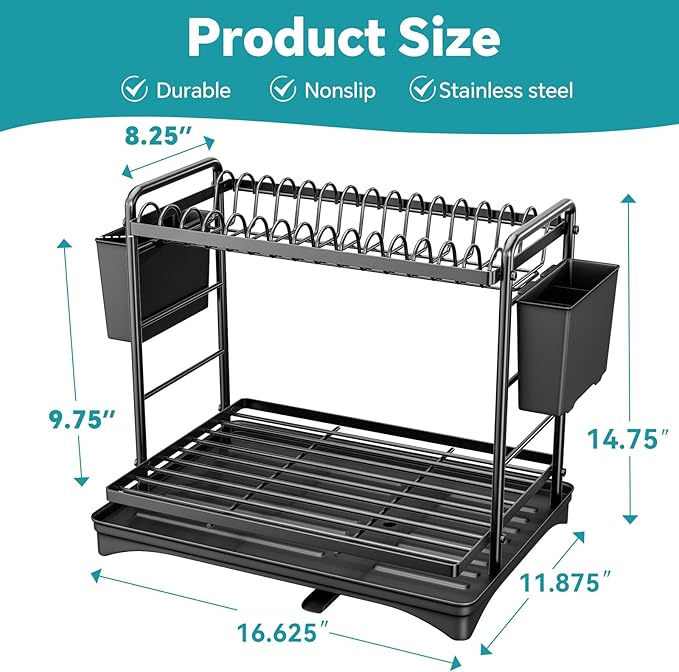 Simple Trending Dish Drying Rack, 2-Tier Dish Rack for Kitchen Counter, Large Dish Drainers Sink Organizers and Storage, Black