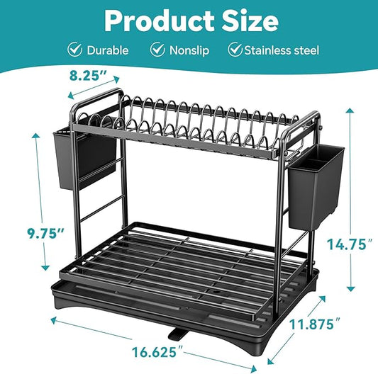 Simple Trending Dish Drying Rack, 2-Tier Dish Rack for Kitchen Counter, Large Dish Drainers Sink Organizers and Storage, Black